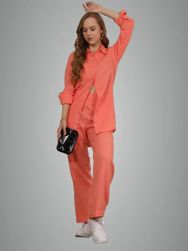 Peach_Muslin_Cotton_Co-Ord_Set_|__Two_Piece_Set_Shirt_Pant_For_Women