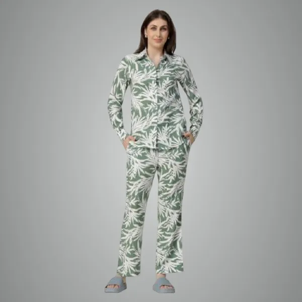 Green_2_Piece_Co-Ords_Set_Premium_Viscose_Rayon_Shirt_Dickey_Collar_Full_Sleeve_Regular_Fit_Casual_Shirt_Trousers_Printed_Design_For_Women