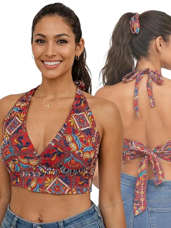 Jaipuri_Print_Maroon_Halter_Neck_Wrap_Top_With_Adjustable_Wrap_Waist