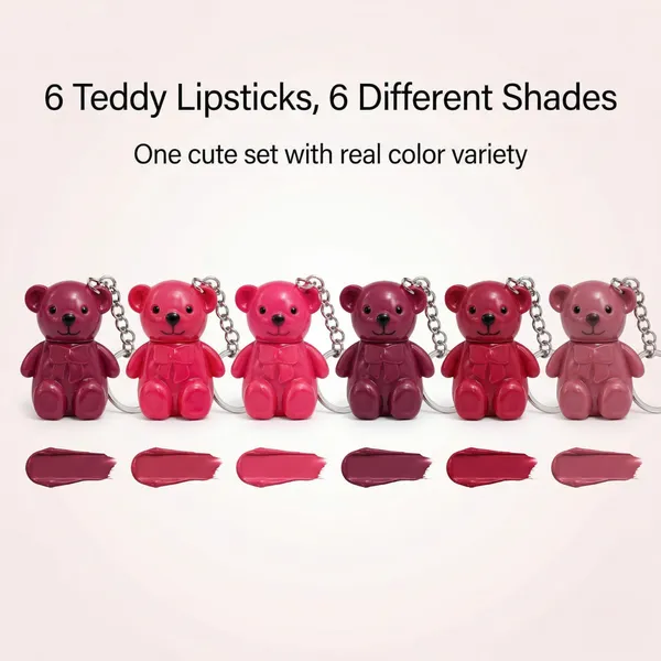 2in1_Lipstick_Keychains_-_6Pcs_Matte_Finish_Teddy_Bear_Shaped_Liquid_Lipsticks