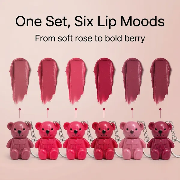 2in1_Lipstick_Keychains_-_6Pcs_Matte_Finish_Teddy_Bear_Shaped_Liquid_Lipsticks
