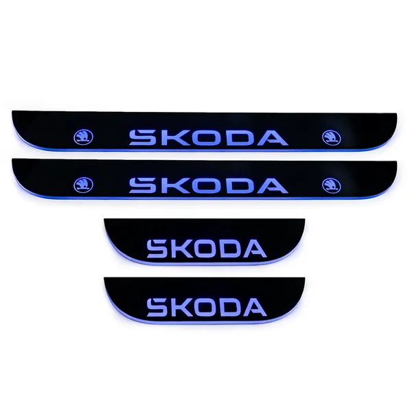 Skoda_Door_Sill_Protector_Plates_Foot_Step,_Black_with_Blue_Light_Set_of_4_Pcs