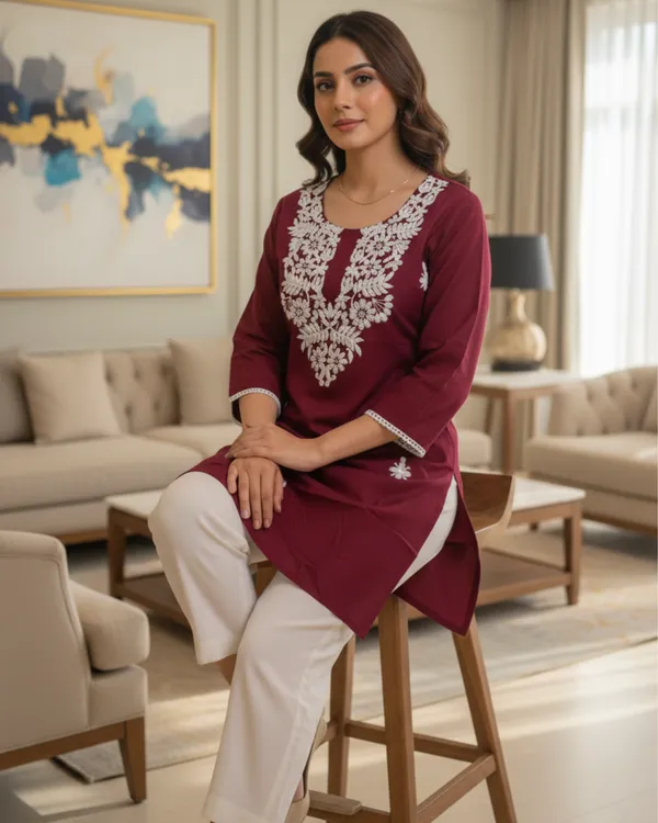 Elegantly_crafted_rayon_chikankari_short_kurti_featuring_intricate_white_embroidery