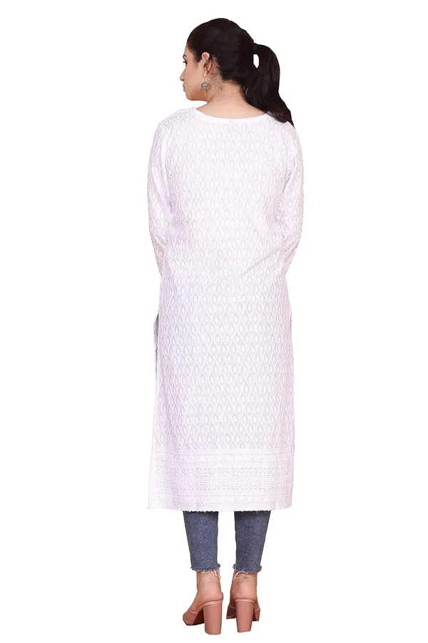 White_Mandarin_Neck_3/4Th_Sleeves_Rayon_Lucknowi_Chikankari_Kurti_For_Women