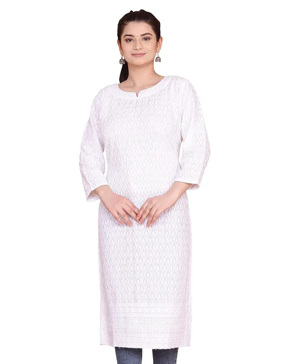 White_Mandarin_Neck_3/4Th_Sleeves_Rayon_Lucknowi_Chikankari_Kurti_For_Women