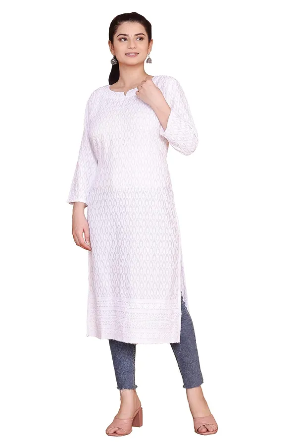 White_Mandarin_Neck_3/4Th_Sleeves_Rayon_Lucknowi_Chikankari_Kurti_For_Women
