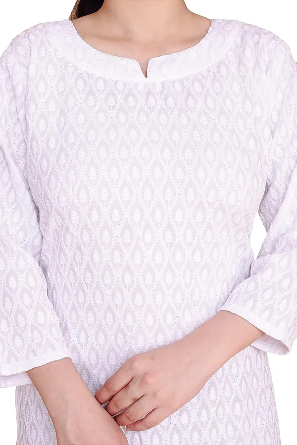 White_Mandarin_Neck_3/4Th_Sleeves_Rayon_Lucknowi_Chikankari_Kurti_For_Women