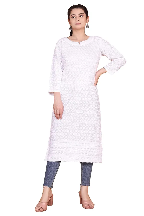 White_Mandarin_Neck_3/4Th_Sleeves_Rayon_Lucknowi_Chikankari_Kurti_For_Women