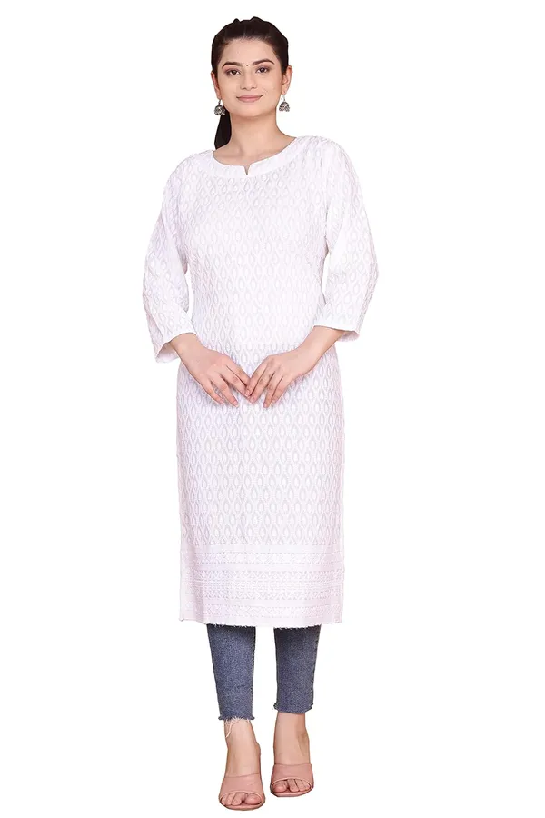 White_Mandarin_Neck_3/4Th_Sleeves_Rayon_Lucknowi_Chikankari_Kurti_For_Women