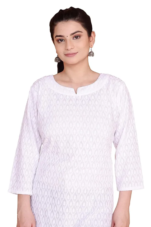 White_Mandarin_Neck_3/4Th_Sleeves_Rayon_Lucknowi_Chikankari_Kurti_For_Women
