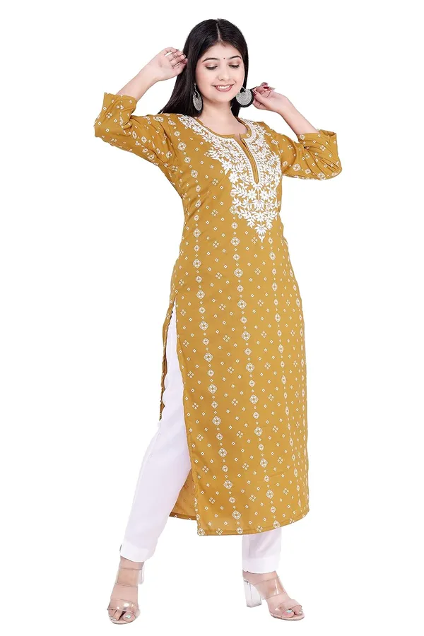 Mustard_3/4Th_Sleeves_V-Neck_Jacquard_New_Embroidery_Work_Round_Neck_Kurti_For_Women
