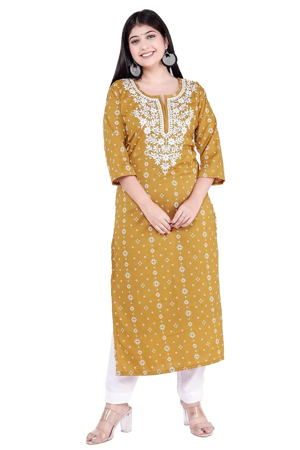 Mustard_3/4Th_Sleeves_V-Neck_Jacquard_New_Embroidery_Work_Round_Neck_Kurti_For_Women