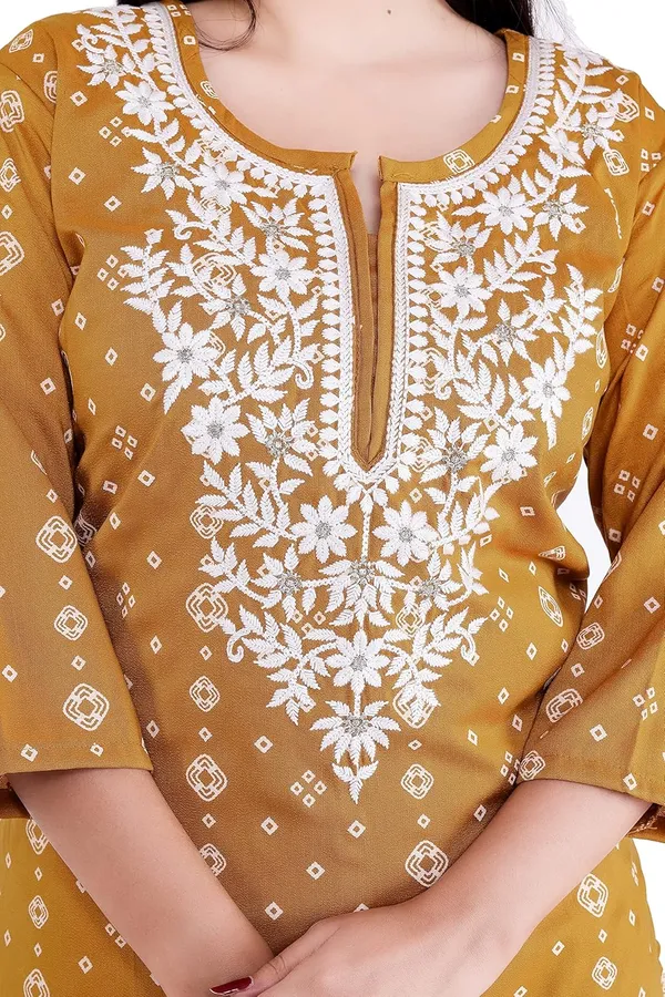 Mustard_3/4Th_Sleeves_V-Neck_Jacquard_New_Embroidery_Work_Round_Neck_Kurti_For_Women