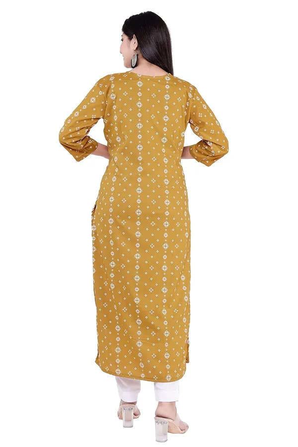 Mustard_3/4Th_Sleeves_V-Neck_Jacquard_New_Embroidery_Work_Round_Neck_Kurti_For_Women