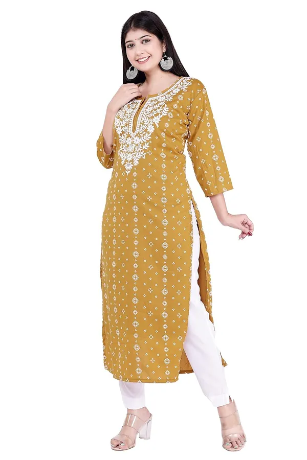 Mustard_3/4Th_Sleeves_V-Neck_Jacquard_New_Embroidery_Work_Round_Neck_Kurti_For_Women