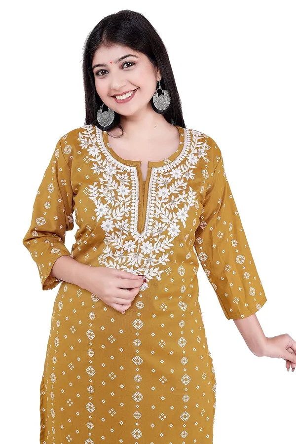 Mustard_3/4Th_Sleeves_V-Neck_Jacquard_New_Embroidery_Work_Round_Neck_Kurti_For_Women