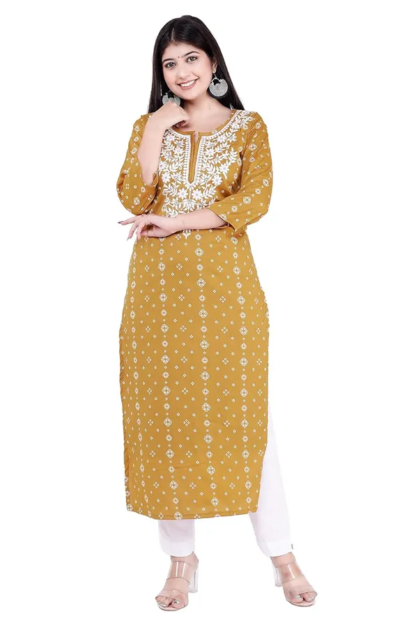 Mustard_3/4Th_Sleeves_V-Neck_Jacquard_New_Embroidery_Work_Round_Neck_Kurti_For_Women