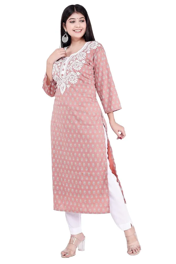Peach_3/4Th_Sleeves_V-Neck_Jacquard_New_Embroidery_Work_Round_Neck_Kurti_For_Women
