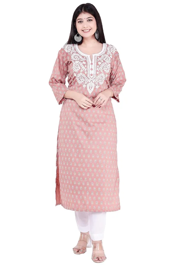 Peach_3/4Th_Sleeves_V-Neck_Jacquard_New_Embroidery_Work_Round_Neck_Kurti_For_Women