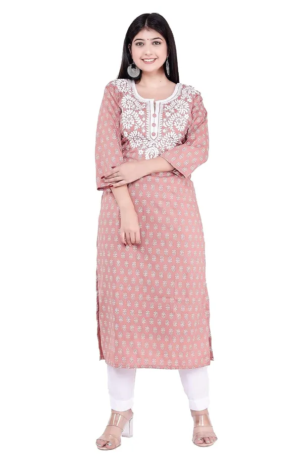 Peach_3/4Th_Sleeves_V-Neck_Jacquard_New_Embroidery_Work_Round_Neck_Kurti_For_Women