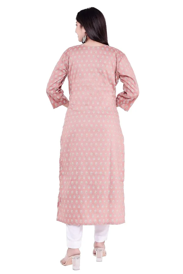 Peach_3/4Th_Sleeves_V-Neck_Jacquard_New_Embroidery_Work_Round_Neck_Kurti_For_Women