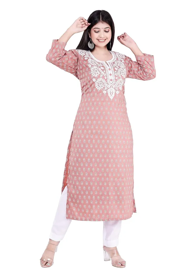 Peach_3/4Th_Sleeves_V-Neck_Jacquard_New_Embroidery_Work_Round_Neck_Kurti_For_Women