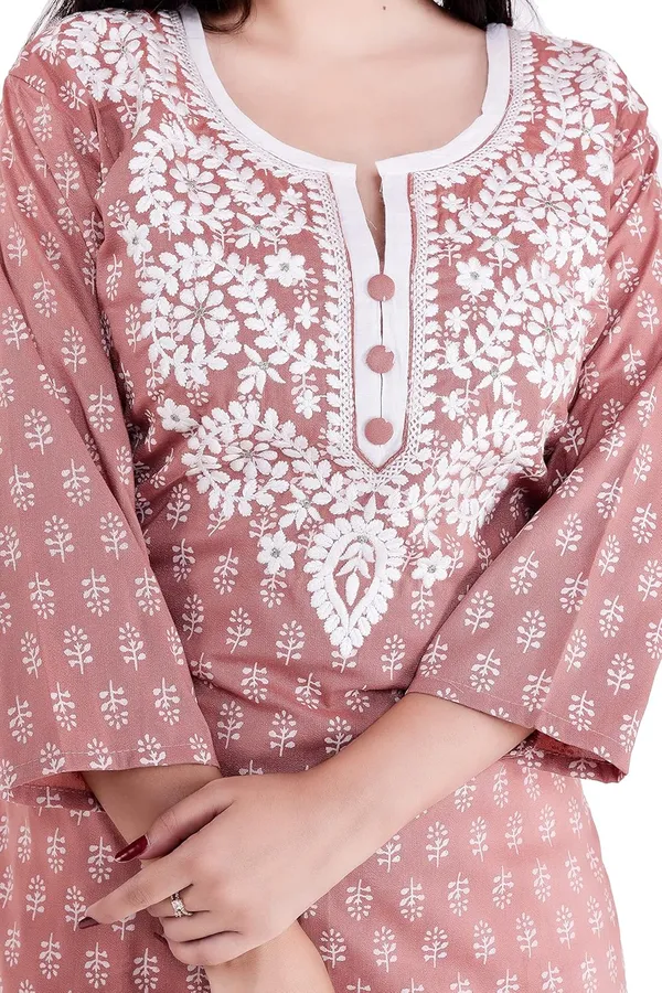 Peach_3/4Th_Sleeves_V-Neck_Jacquard_New_Embroidery_Work_Round_Neck_Kurti_For_Women