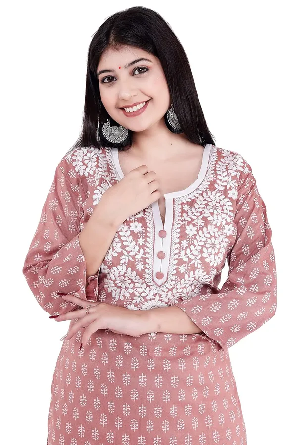 Peach_3/4Th_Sleeves_V-Neck_Jacquard_New_Embroidery_Work_Round_Neck_Kurti_For_Women