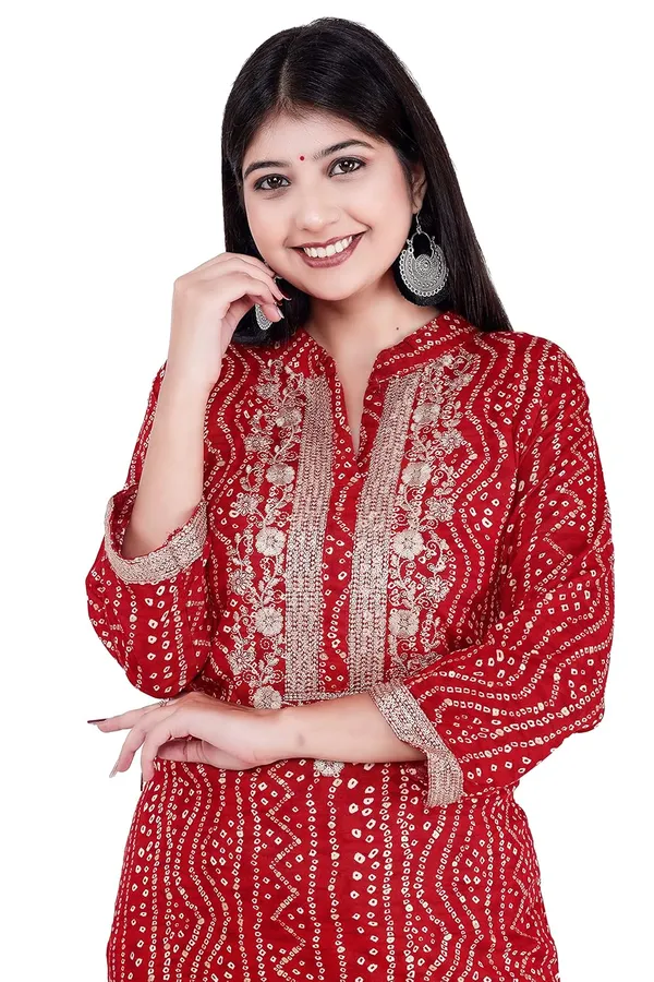 Red_3/4Th_Sleeves_Rayon_Mandarin_Neck_Embroidery_&_Sequin_Work_With_Bandhni_Design_Kurti_For_Women