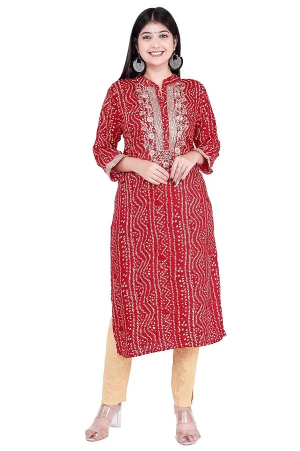 Red_3/4Th_Sleeves_Rayon_Mandarin_Neck_Embroidery_&_Sequin_Work_With_Bandhni_Design_Kurti_For_Women