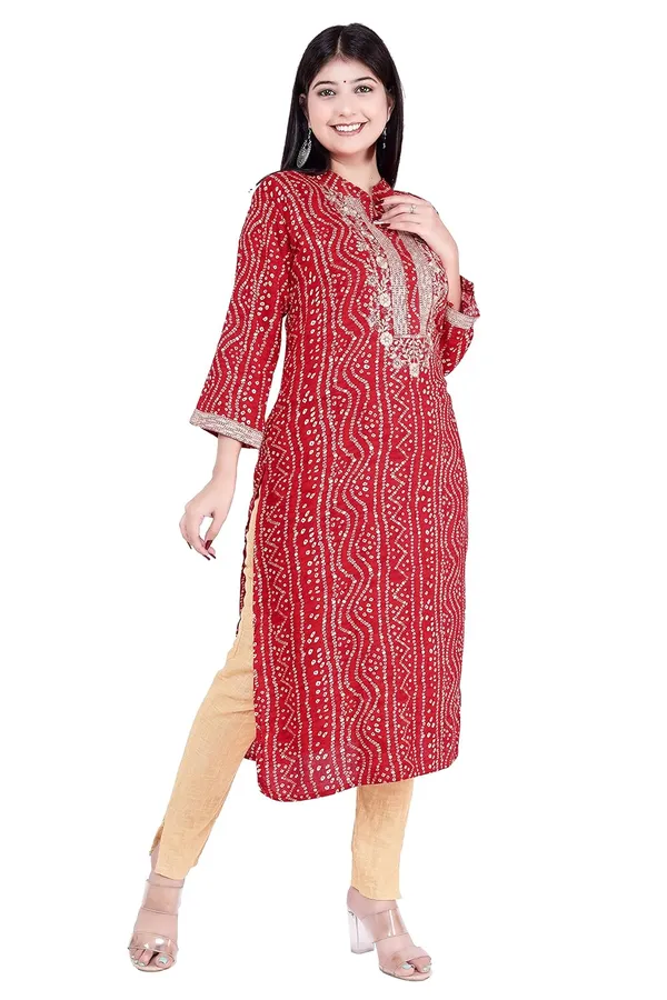 Red_3/4Th_Sleeves_Rayon_Mandarin_Neck_Embroidery_&_Sequin_Work_With_Bandhni_Design_Kurti_For_Women