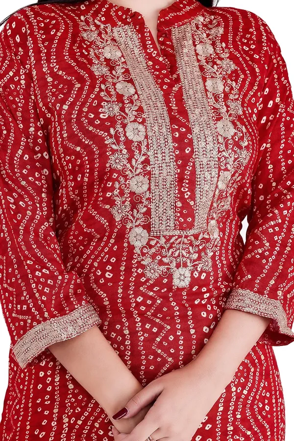 Red_3/4Th_Sleeves_Rayon_Mandarin_Neck_Embroidery_&_Sequin_Work_With_Bandhni_Design_Kurti_For_Women
