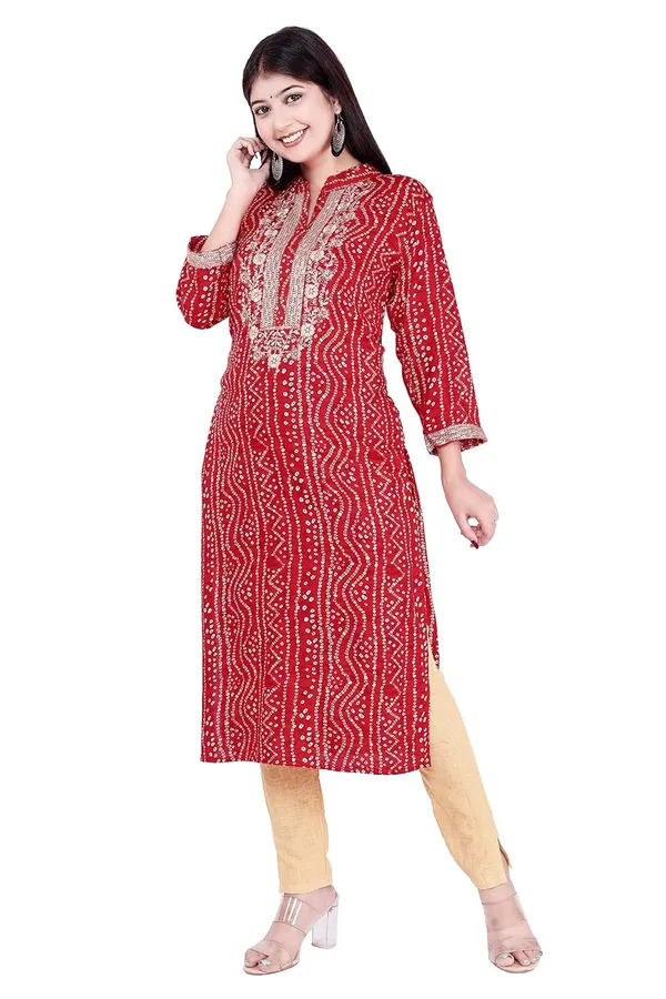 Red_3/4Th_Sleeves_Rayon_Mandarin_Neck_Embroidery_&_Sequin_Work_With_Bandhni_Design_Kurti_For_Women