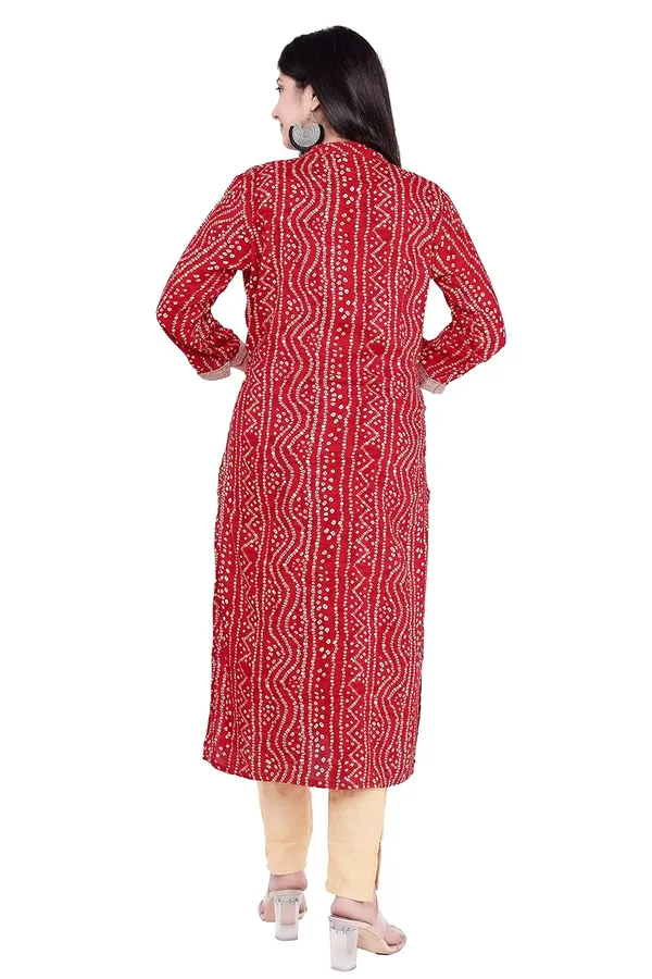 Red_3/4Th_Sleeves_Rayon_Mandarin_Neck_Embroidery_&_Sequin_Work_With_Bandhni_Design_Kurti_For_Women
