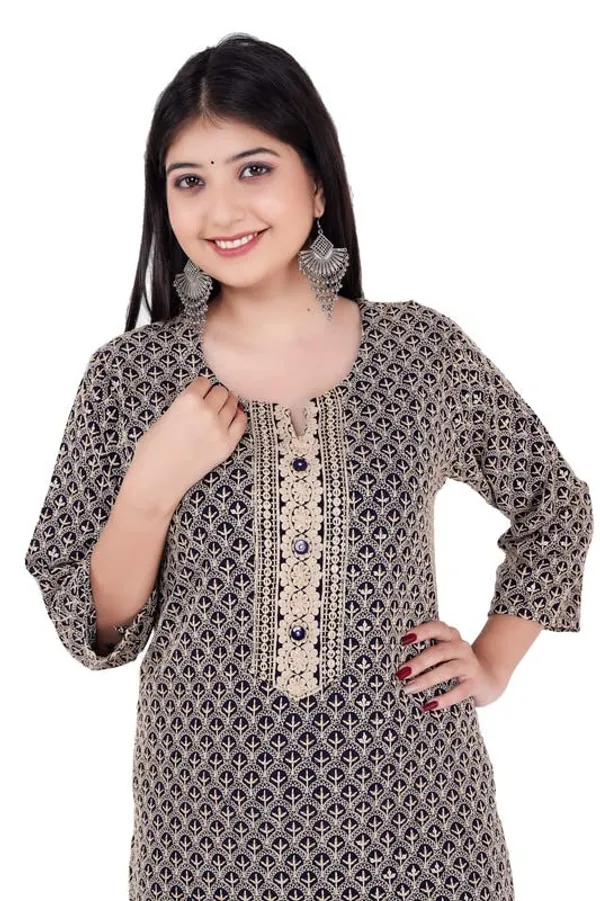 Navy_Blue_Trendy_3/4_Sleeve_Casual_V-_Neck_Rayon_Ethnic_Wear_Lucknowi_Chikankari_Kurti/Kurti_For_Women