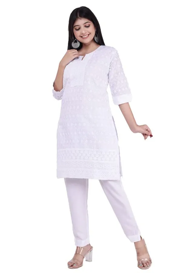 White_V-_Neck_3/4Th_Sleeves_White_Cotton_Lucknowi_Chikankari_Straight_Kurti_For_Women
