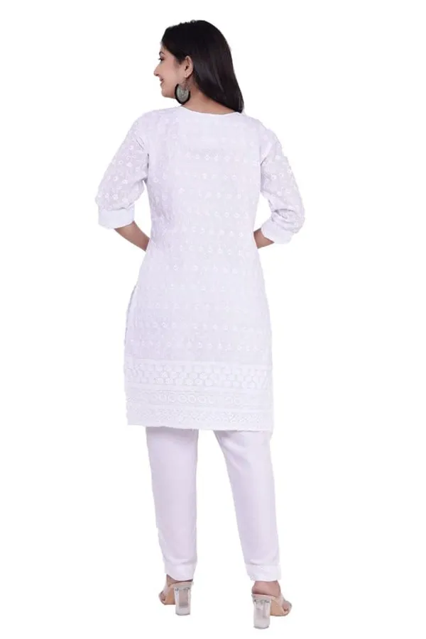 White_V-_Neck_3/4Th_Sleeves_White_Cotton_Lucknowi_Chikankari_Straight_Kurti_For_Women