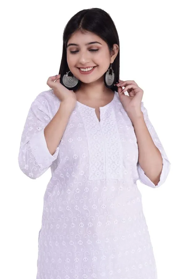 White_V-_Neck_3/4Th_Sleeves_White_Cotton_Lucknowi_Chikankari_Straight_Kurti_For_Women