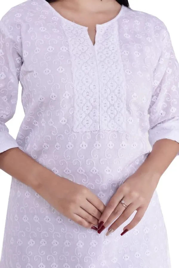White_V-_Neck_3/4Th_Sleeves_White_Cotton_Lucknowi_Chikankari_Straight_Kurti_For_Women