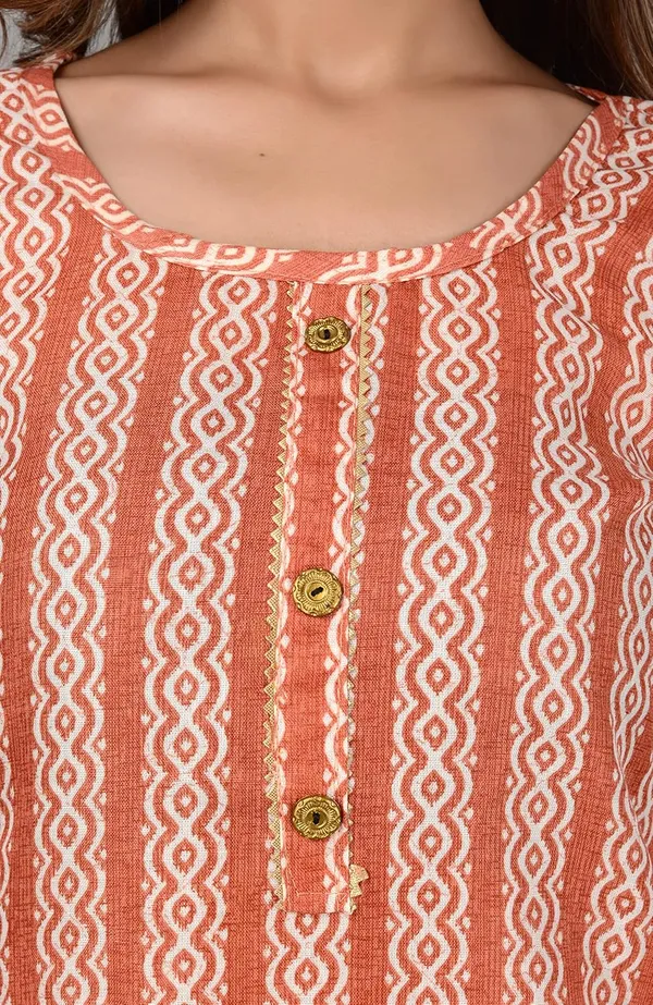Peach_Trendy_Cotton_Printed_3/4_Sleeve_Ethnic_Wear_Round_Neck_Casual_Straight_Kurta/Kurti_For_Women