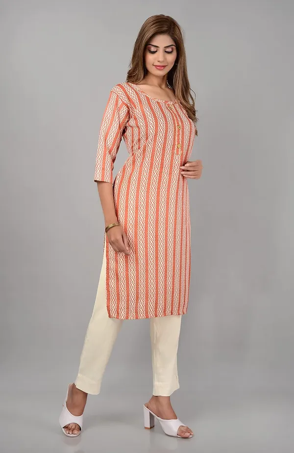 Peach_Trendy_Cotton_Printed_3/4_Sleeve_Ethnic_Wear_Round_Neck_Casual_Straight_Kurta/Kurti_For_Women