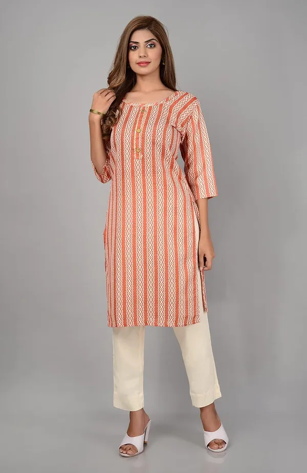 Peach_Trendy_Cotton_Printed_3/4_Sleeve_Ethnic_Wear_Round_Neck_Casual_Straight_Kurta/Kurti_For_Women