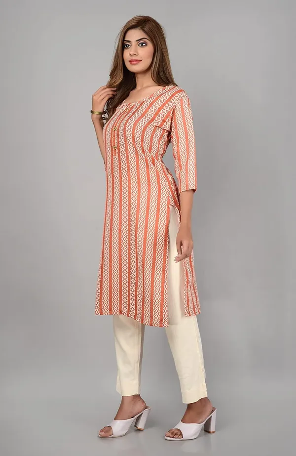 Peach_Trendy_Cotton_Printed_3/4_Sleeve_Ethnic_Wear_Round_Neck_Casual_Straight_Kurta/Kurti_For_Women