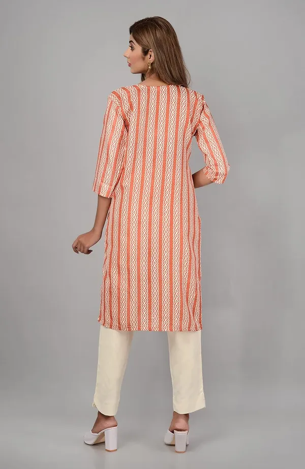 Peach_Trendy_Cotton_Printed_3/4_Sleeve_Ethnic_Wear_Round_Neck_Casual_Straight_Kurta/Kurti_For_Women