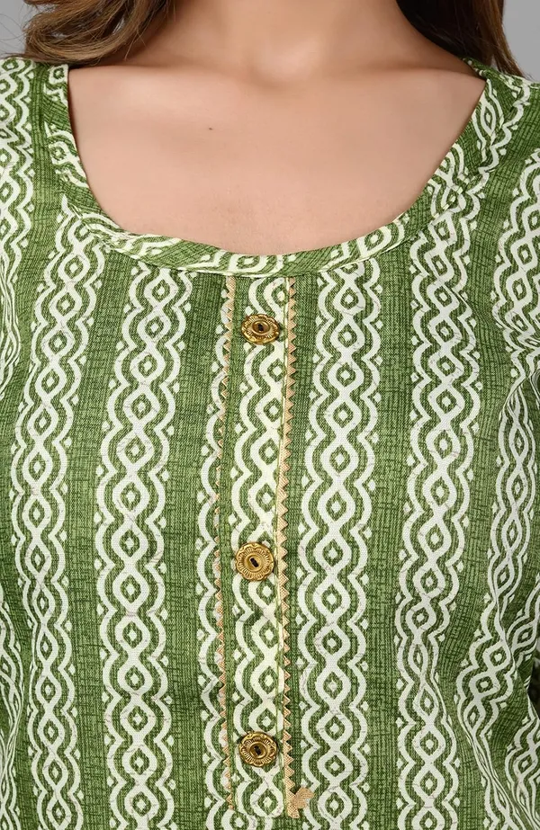 Green_Trendy_Cotton_Printed_3/4_Sleeve_Ethnic_Wear_Round_Neck_Casual_Straight_Kurta/Kurti_For_Women
