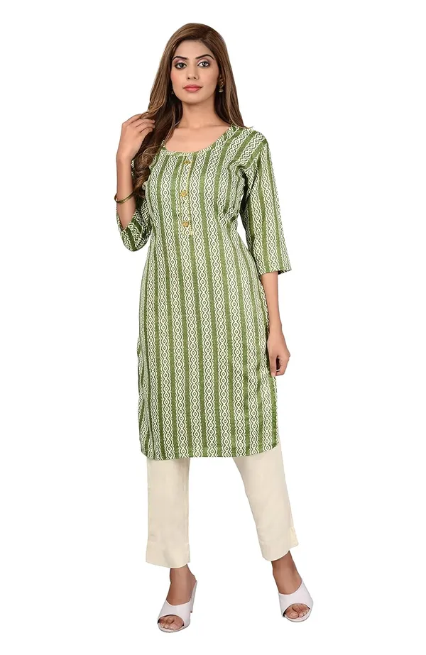 Green_Trendy_Cotton_Printed_3/4_Sleeve_Ethnic_Wear_Round_Neck_Casual_Straight_Kurta/Kurti_For_Women