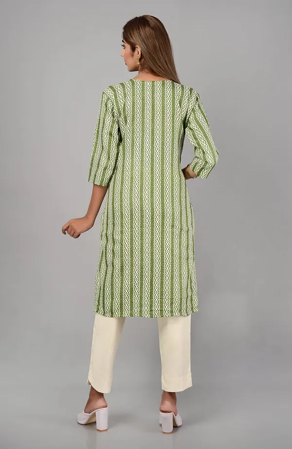 Green_Trendy_Cotton_Printed_3/4_Sleeve_Ethnic_Wear_Round_Neck_Casual_Straight_Kurta/Kurti_For_Women