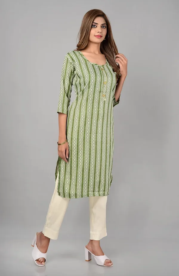 Green_Trendy_Cotton_Printed_3/4_Sleeve_Ethnic_Wear_Round_Neck_Casual_Straight_Kurta/Kurti_For_Women