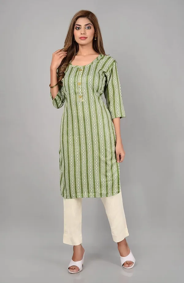 Green_Trendy_Cotton_Printed_3/4_Sleeve_Ethnic_Wear_Round_Neck_Casual_Straight_Kurta/Kurti_For_Women