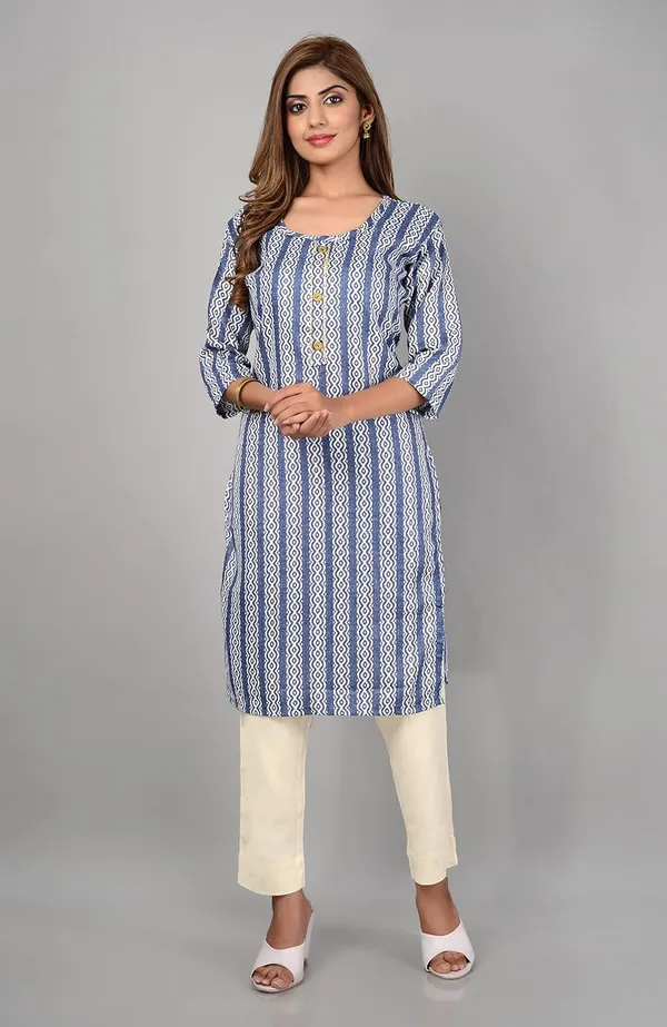 Blue_Trendy_Cotton_Printed_3/4_Sleeve_Ethnic_Wear_Round_Neck_Casual_Straight_Kurta/Kurti_For_Women